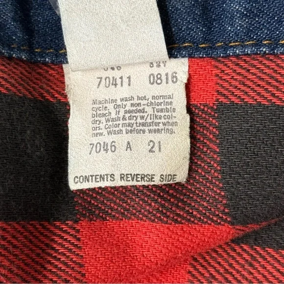 Levi's Vintage Red and Black Buffalo Plaid Trucker Denim Jacket. Size 42